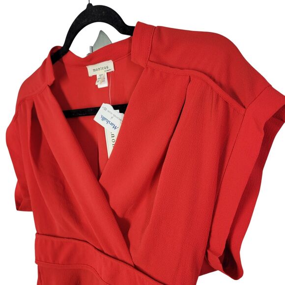Monteau Womens Sz M Red Solid Cap Sleeve Peplum Blouse - Picture 4 of 12